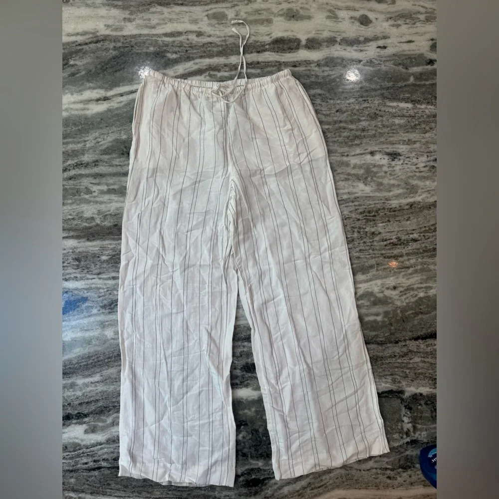 H&M Linen Blend White Striped Wide Leg Pants Size Women’s Medium